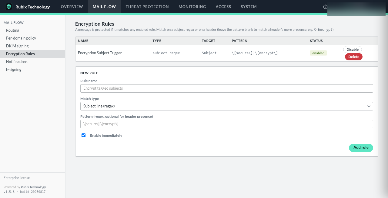 The Encryption Rules page under Mail Flow: one enabled subject-regex rule matching [secure] or [encrypt], and the form to add a new subject-line rule.