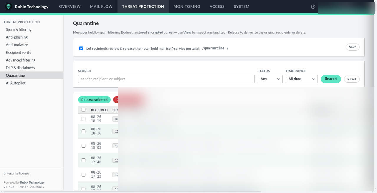 The Quarantine page under Threat Protection: held-mail list with received time and spam score visible, Release selected, and sender and recipient columns redacted.