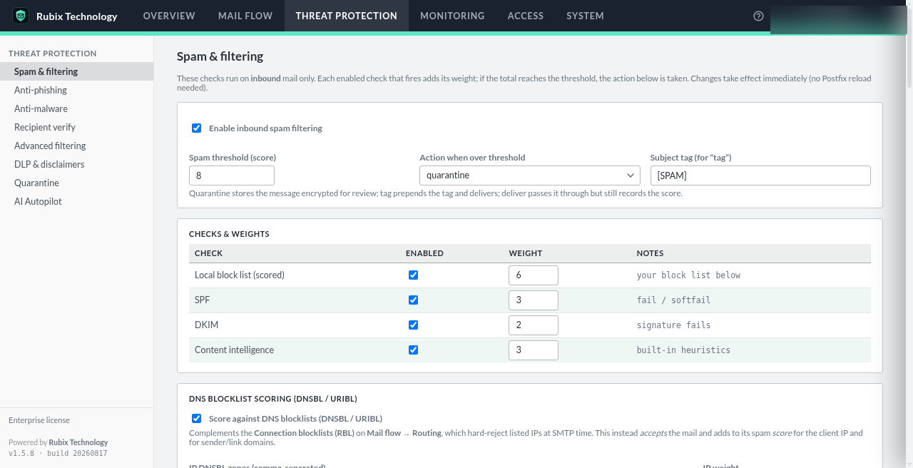 The Spam and filtering page under Threat Protection: inbound spam filtering enabled, threshold 8, action quarantine, and scored checks for the local block list, SPF, DKIM, content intelligence, and DNSBL.